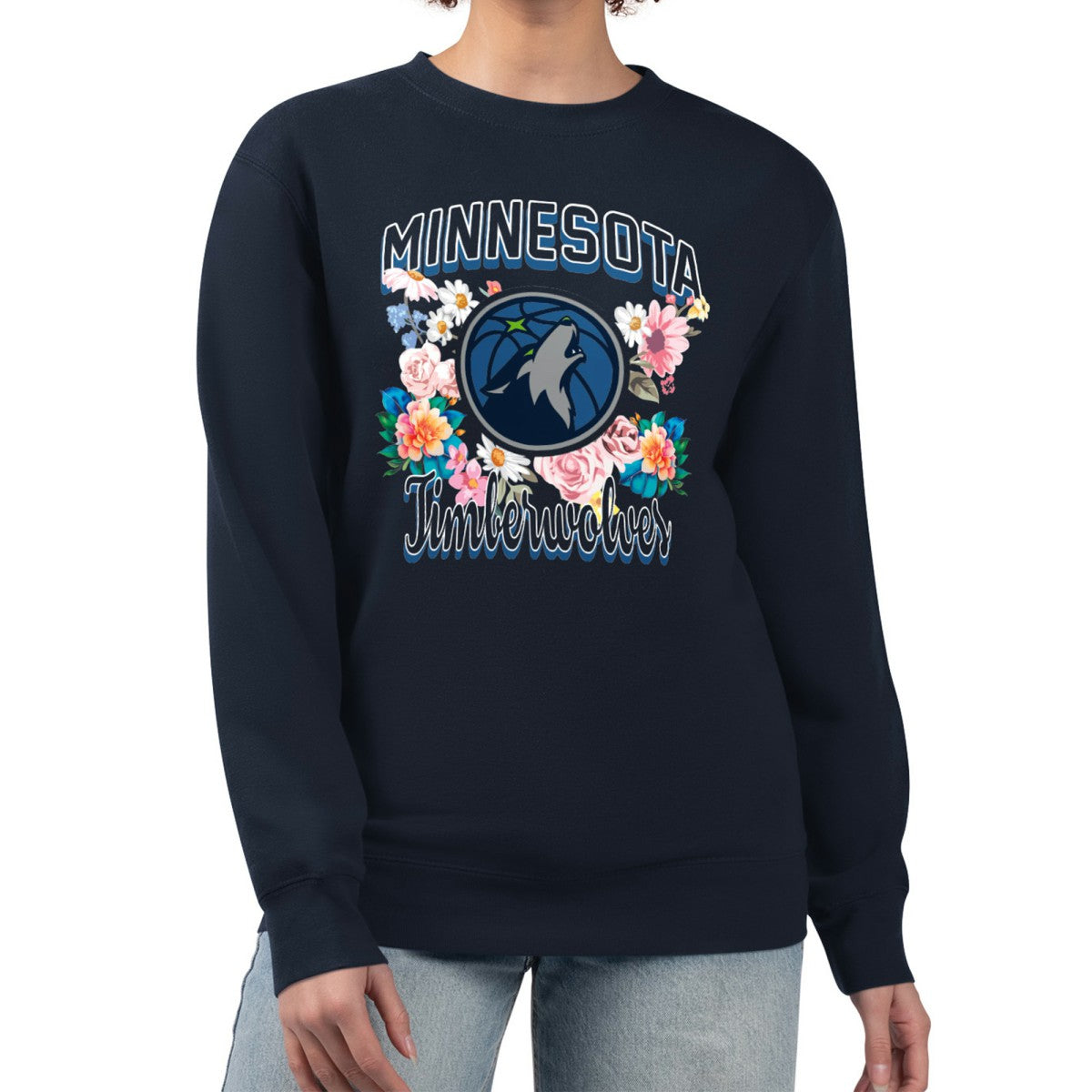 NBA - Minnesota Timberwolves G-III 4Her by Carl Banks Women's Flowers Team Logo Graphic Fleece Crewneck Pullover Sweatshirt - Navy
