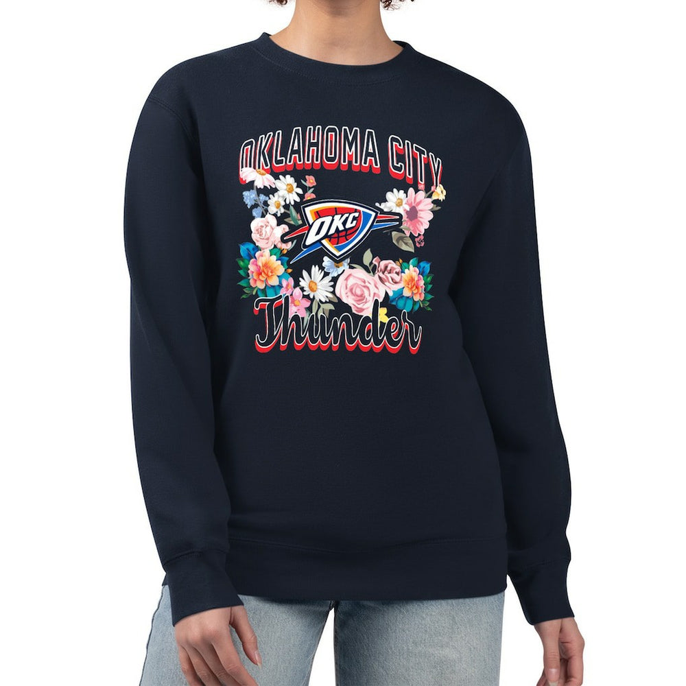 NBA - Oklahoma City Thunder G-III 4Her by Carl Banks Women's Flowers Team Logo Graphic Fleece Crewneck Pullover Sweatshirt - Navy