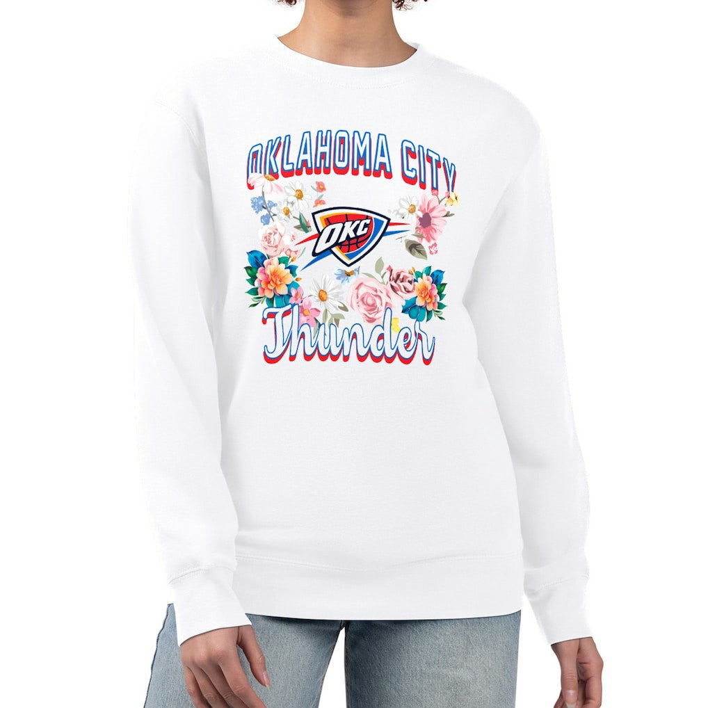 NBA - Oklahoma City Thunder G-III 4Her by Carl Banks Women's Flowers Team Logo Graphic Fleece Crewneck Pullover Sweatshirt - White