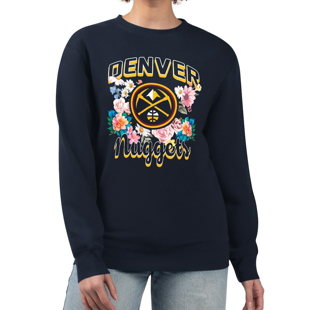 NBA - Denver Nuggets G-III 4Her by Carl Banks Women's Flowers Team Logo Graphic Fleece Crewneck Pullover Sweatshirt - Navy