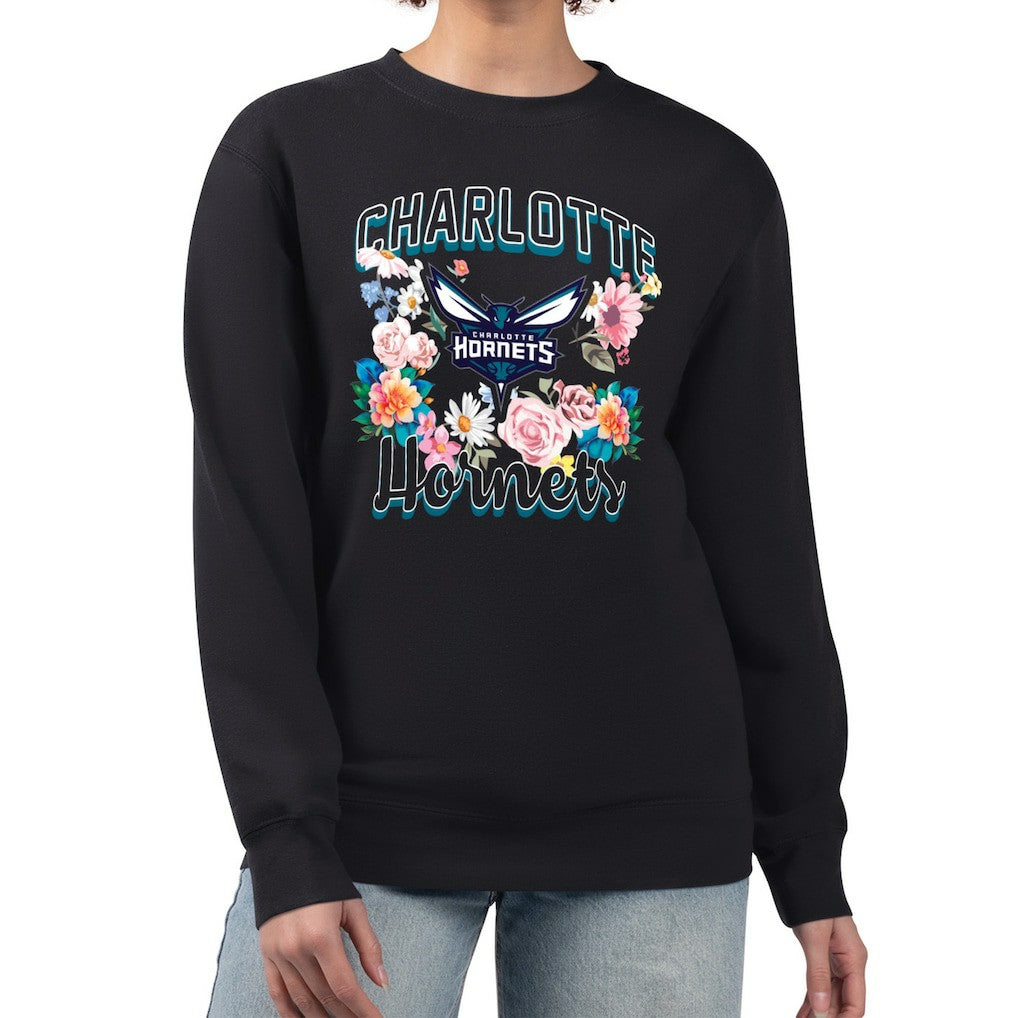 NBA - Charlotte Hornets G-III 4Her by Carl Banks Women's Flowers Team Logo Graphic Fleece Crewneck Pullover Sweatshirt - Black