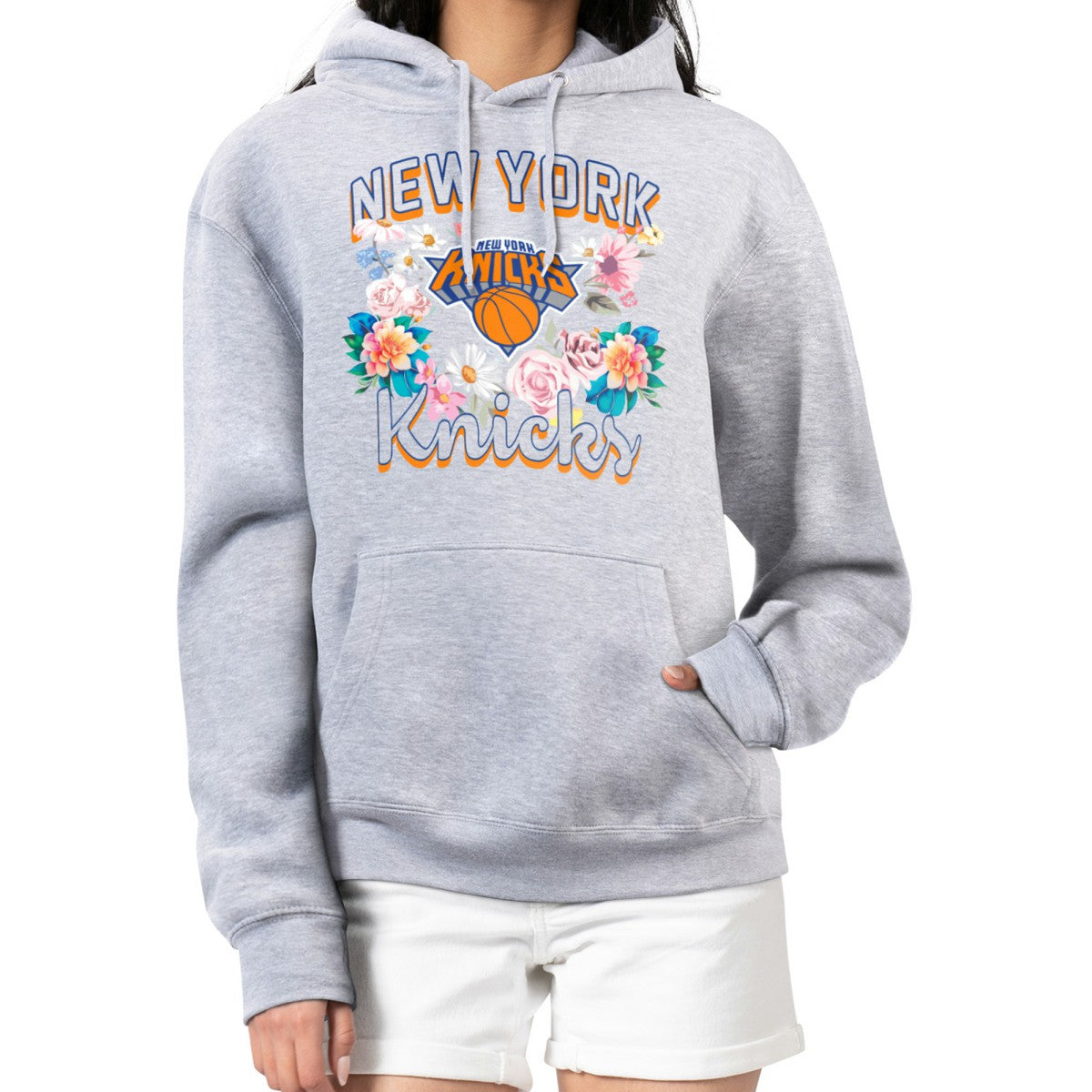 NBA - New York Knicks G-III 4Her by Carl Banks Women's Flowers Team Logo Graphic Fleece Pullover Hoodie - Heather Gray