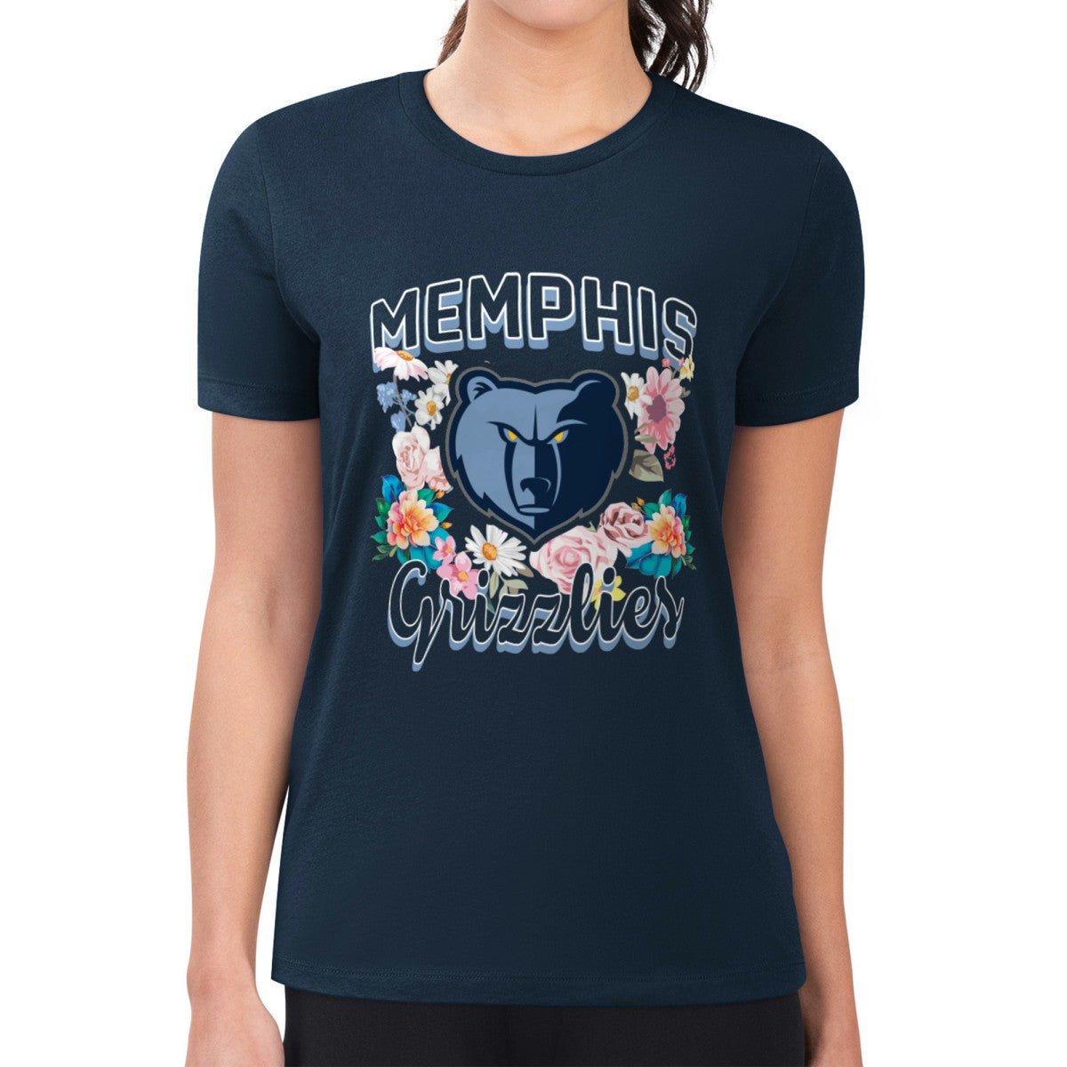 NBA - Memphis Grizzlies G-III 4Her by Carl Banks Women's Super-Slim Fit Lightweight Flowers Team Logo Graphic T-Shirt - Navy