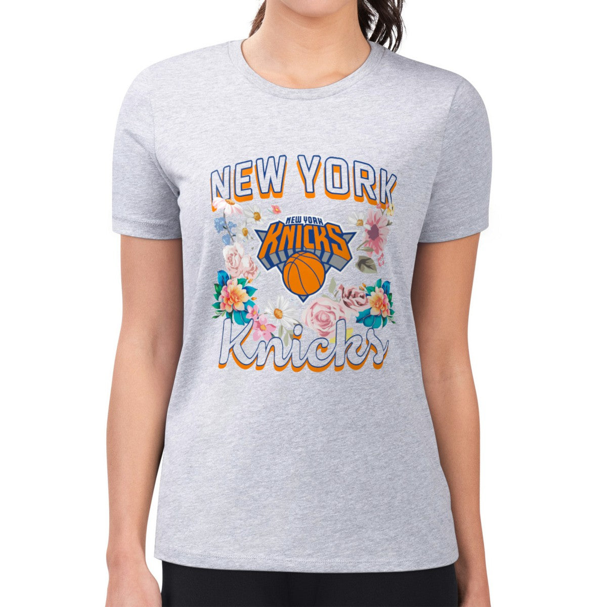 NBA - New York Knicks G-III 4Her by Carl Banks Women's Super-Slim Fit Lightweight Flowers Team Logo Graphic T-Shirt - Heather Gray