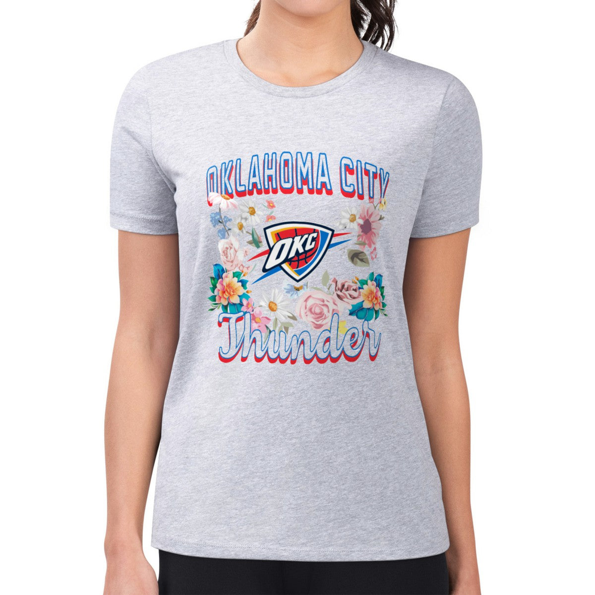 NBA - Oklahoma City Thunder G-III 4Her by Carl Banks Women's Super-Slim Fit Lightweight Flowers Team Logo Graphic T-Shirt - Heather Gray