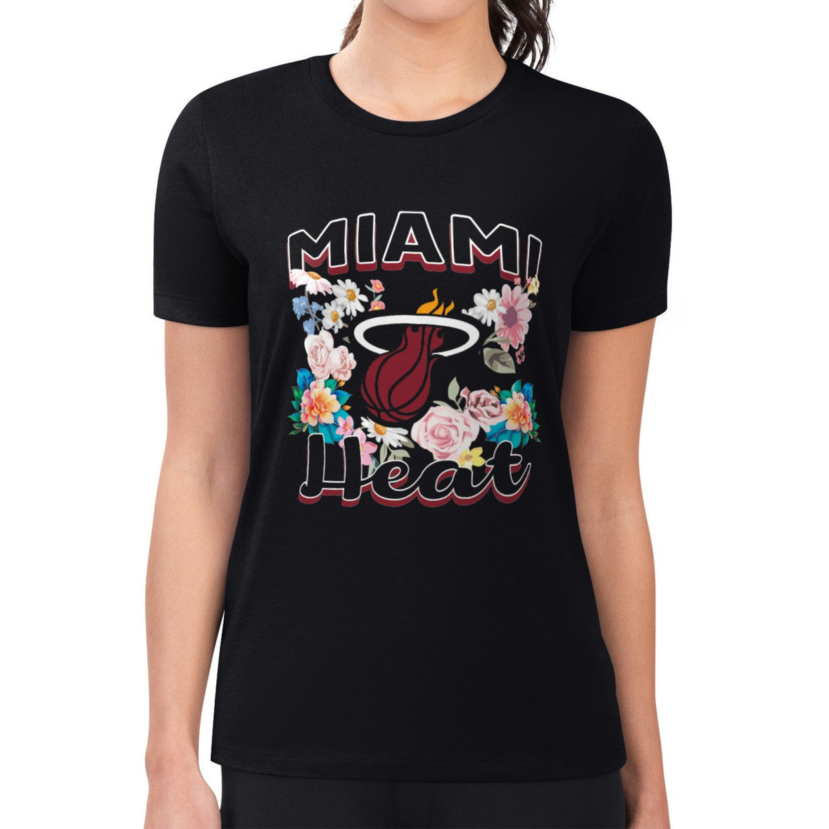 NBA - Miami Heat G-III 4Her by Carl Banks Women's Super-Slim Fit Lightweight Flowers Team Logo Graphic T-Shirt - Black