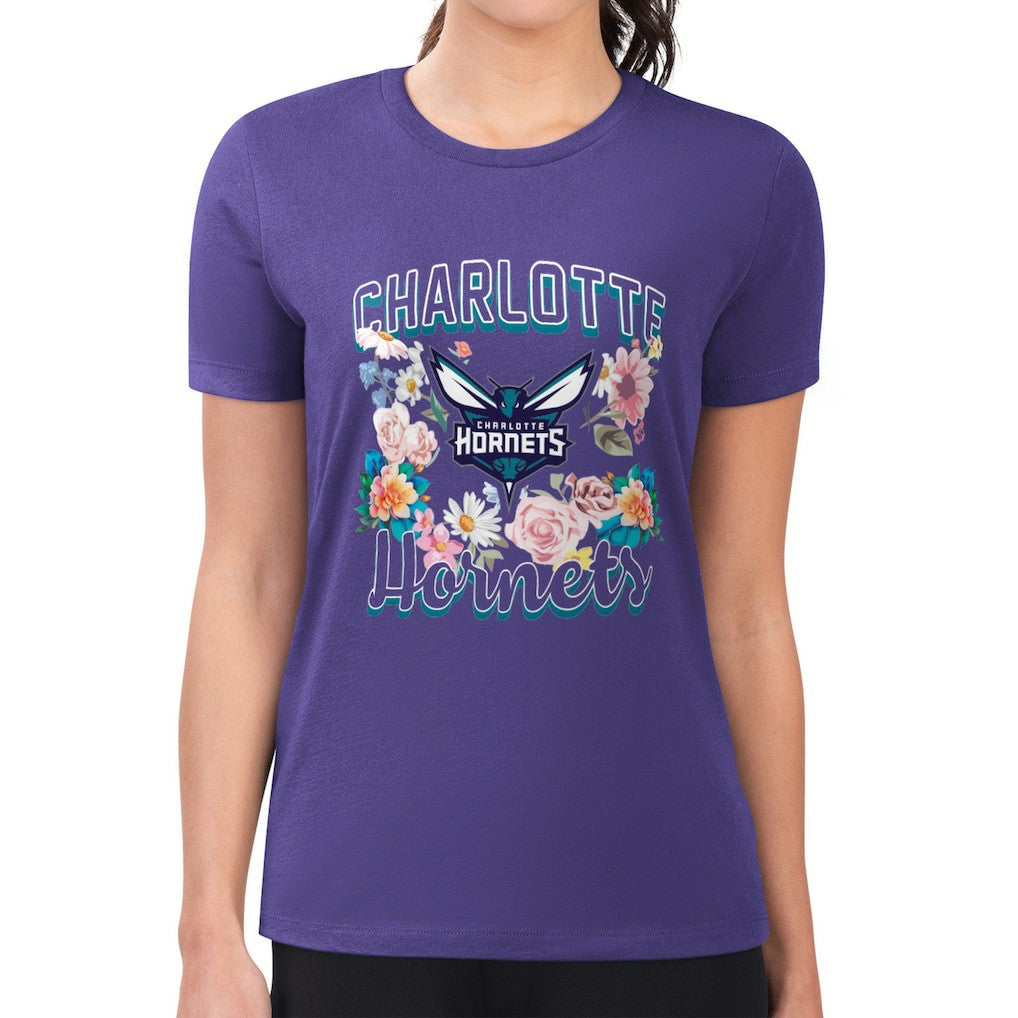 NBA - Charlotte Hornets G-III 4Her by Carl Banks Women's Super-Slim Fit Lightweight Flowers Team Logo Graphic T-Shirt - Purple