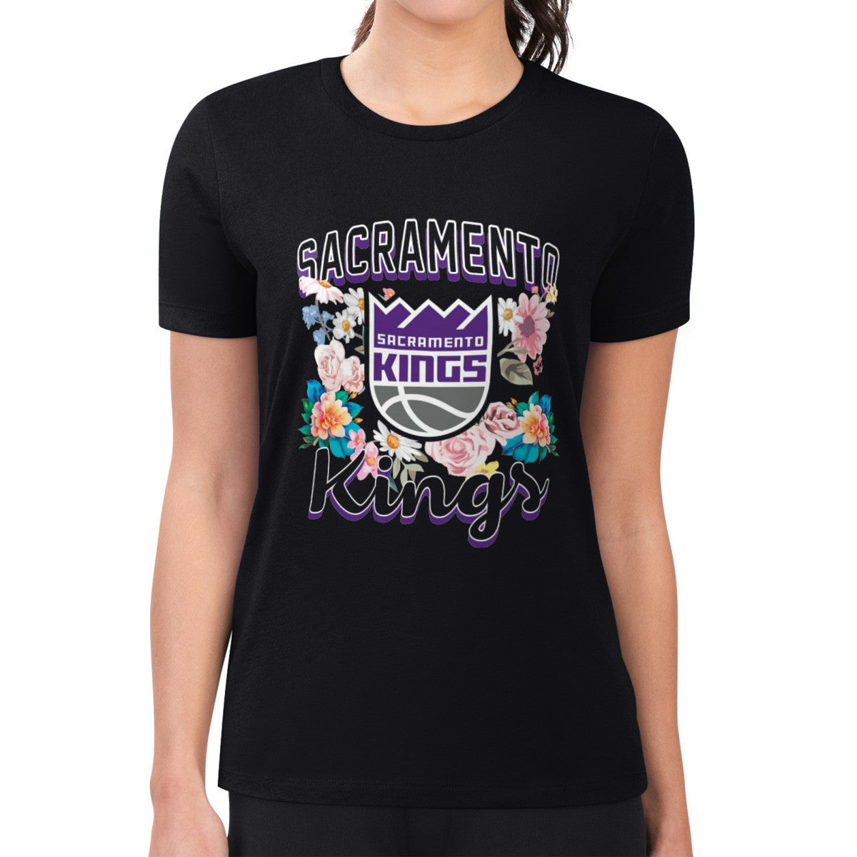 NBA - Sacramento Kings G-III 4Her by Carl Banks Women's Super-Slim Fit Lightweight Flowers Team Logo Graphic T-Shirt - Black