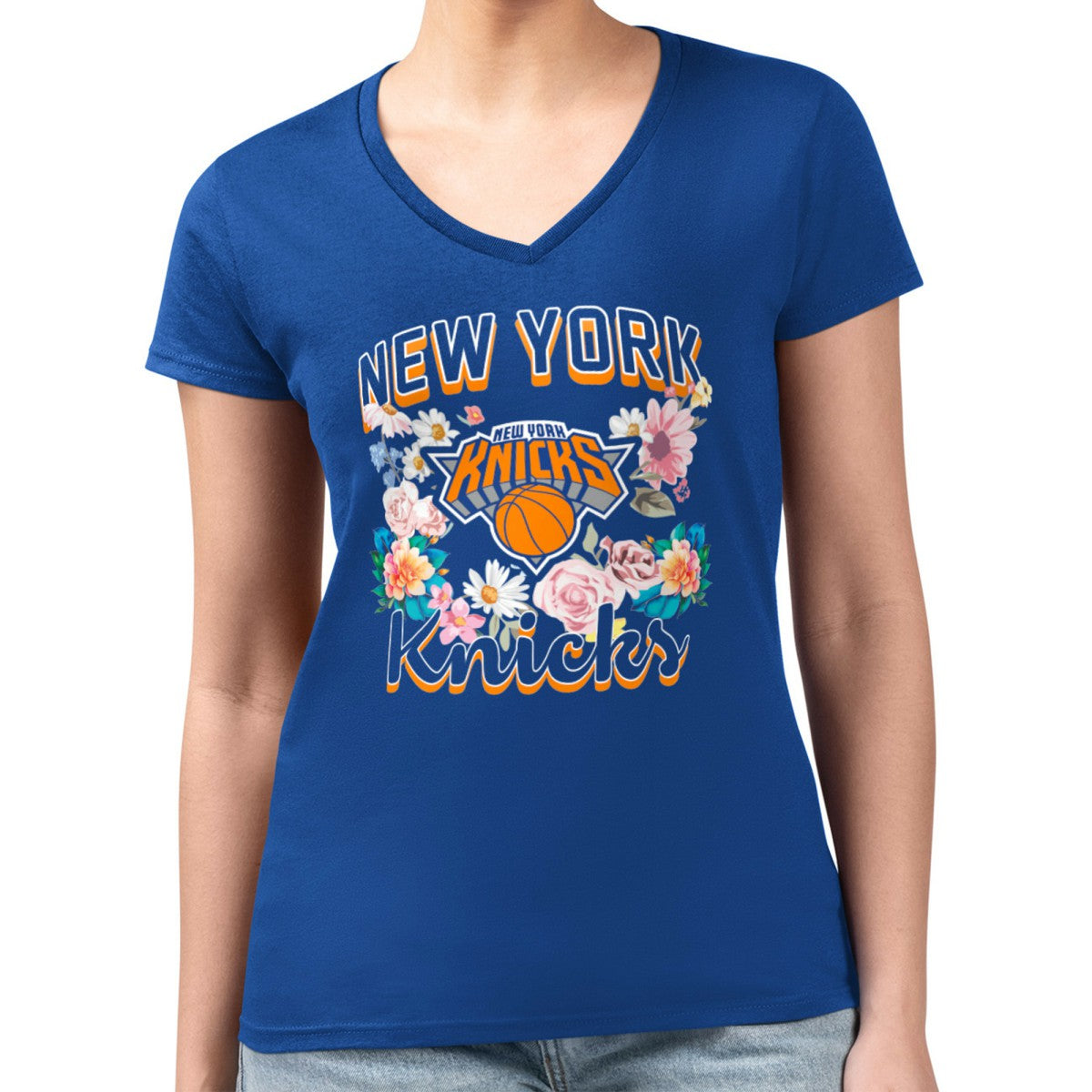 NBA - New York Knicks G-III 4Her by Carl Banks Women's Super-Slim Fit Lightweight Flowers Team Logo Graphic V-Neck T-Shirt - Blue