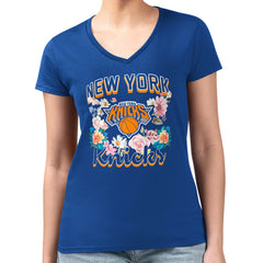 NBA - New York Knicks G-III 4Her by Carl Banks Women's Super-Slim Fit Lightweight Flowers Team Logo Graphic V-Neck T-Shirt - Blue