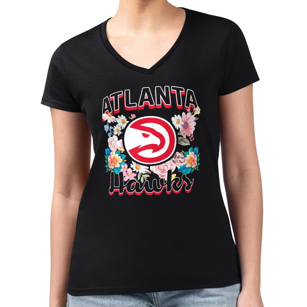 NBA - Atlanta Hawks G-III 4Her by Carl Banks Women's Super-Slim Fit Lightweight Flowers Team Logo Graphic V-Neck T-Shirt - Black