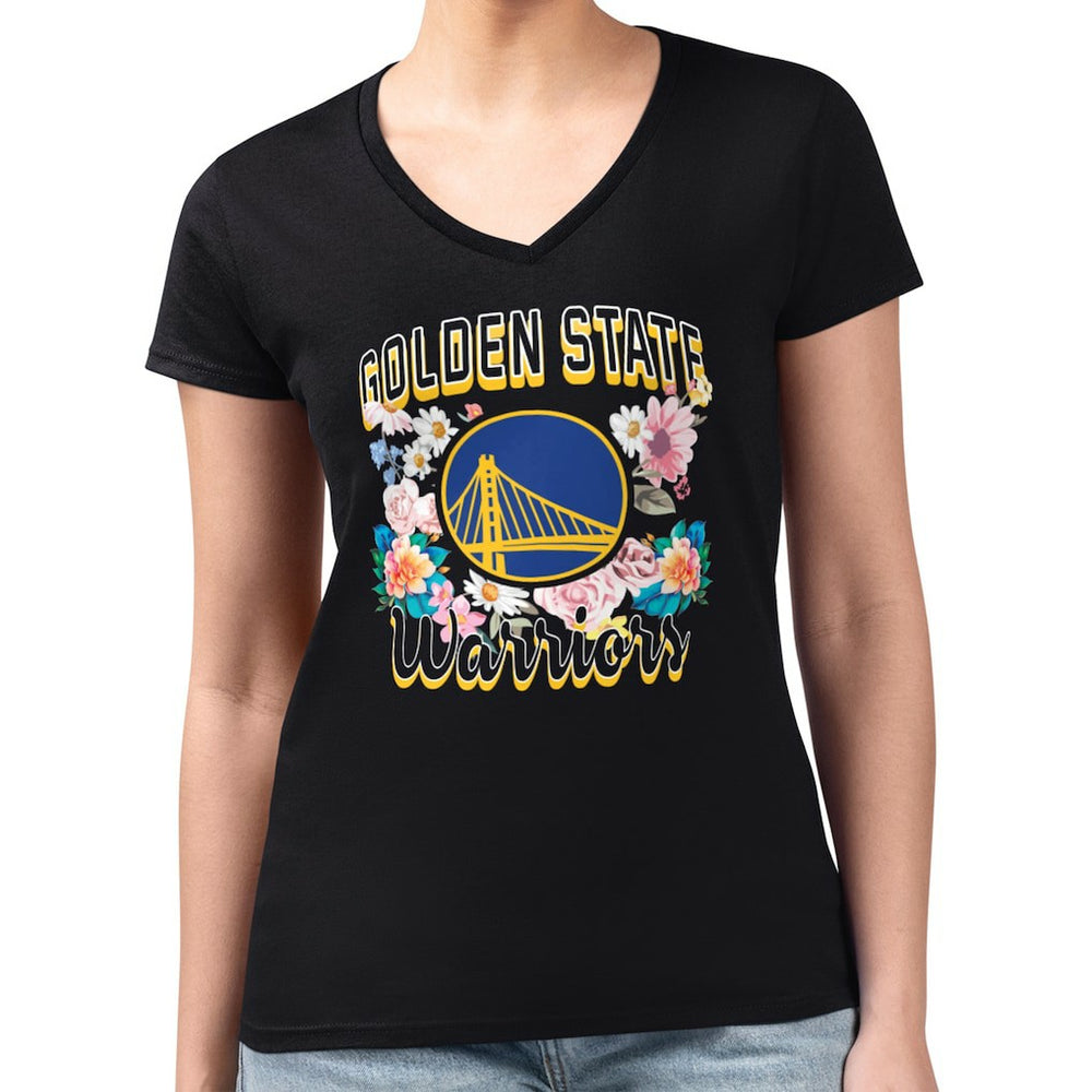 NBA - Golden State Warriors G-III 4Her by Carl Banks Women's Super-Slim Fit Lightweight Flowers Team Logo Graphic V-Neck T-Shirt - Black