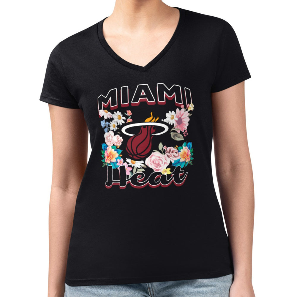 NBA - Miami Heat G-III 4Her by Carl Banks Women's Super-Slim Fit Lightweight Flowers Team Logo Graphic V-Neck T-Shirt - Black