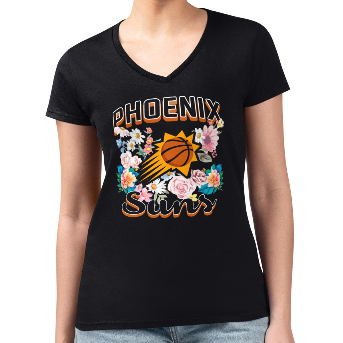 NBA - Phoenix Suns G-III 4Her by Carl Banks Women's Super-Slim Fit Lightweight Flowers Team Logo Graphic V-Neck T-Shirt - Black
