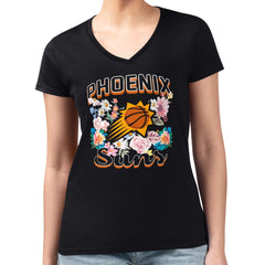 NBA - Phoenix Suns G-III 4Her by Carl Banks Women's Super-Slim Fit Lightweight Flowers Team Logo Graphic V-Neck T-Shirt - Black
