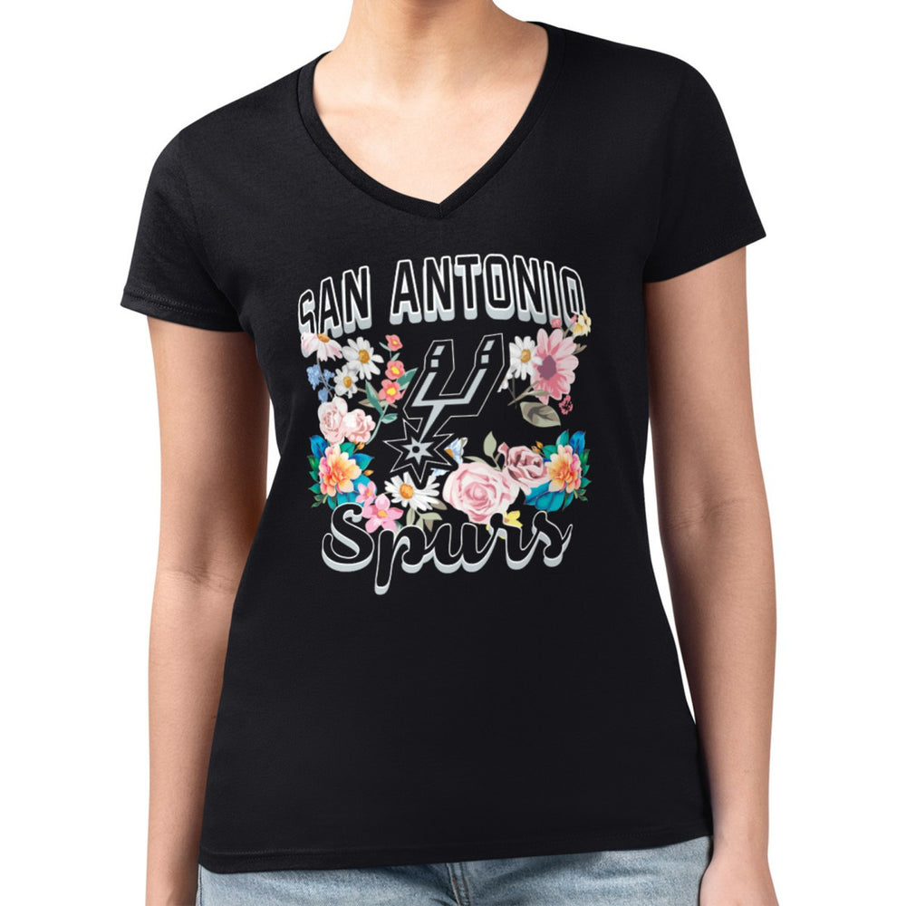 NBA - San Antonio Spurs G-III 4Her by Carl Banks Women's Super-Slim Fit Lightweight Flowers Team Logo Graphic V-Neck T-Shirt - Black