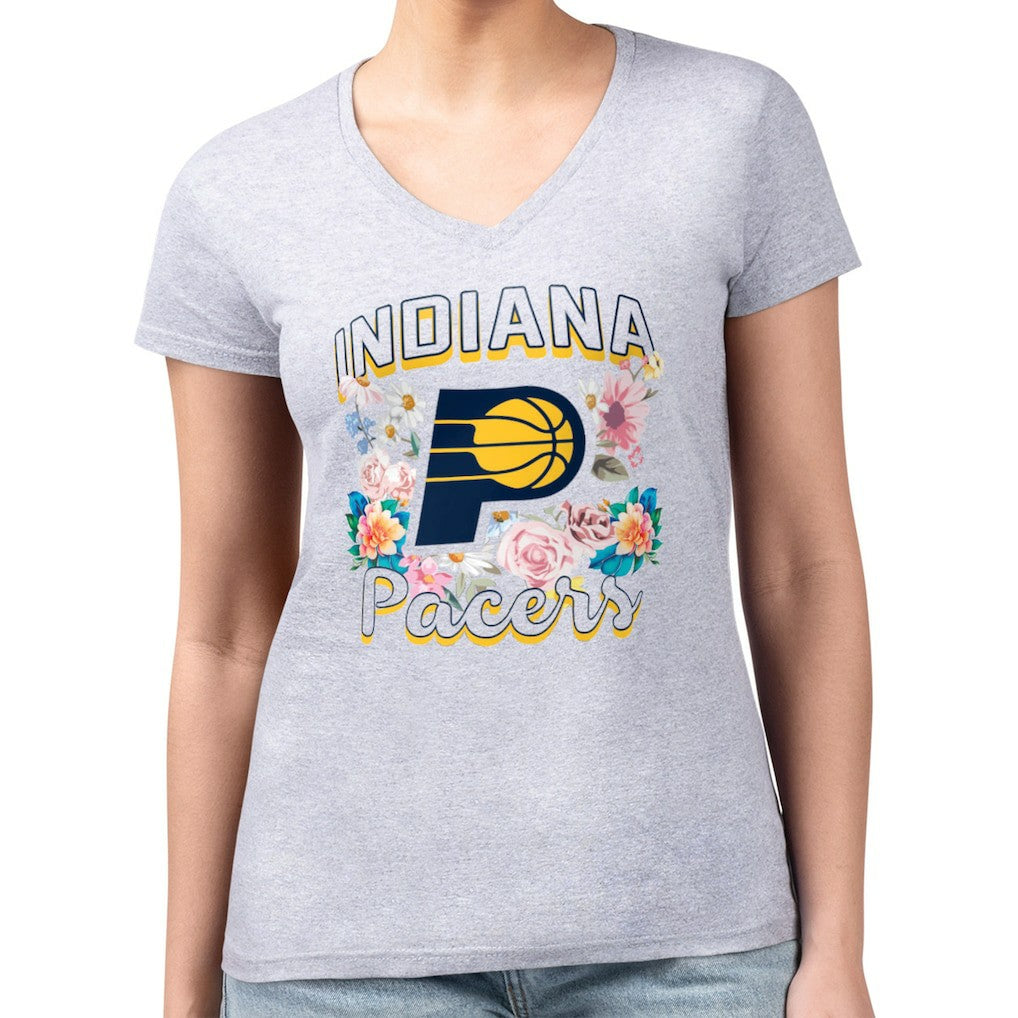 NBA - Indiana Pacers G-III 4Her by Carl Banks Women's Super-Slim Fit Lightweight Flowers Team Logo Graphic V-Neck T-Shirt - Heather Gray