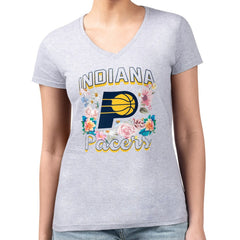 NBA - Indiana Pacers G-III 4Her by Carl Banks Women's Super-Slim Fit Lightweight Flowers Team Logo Graphic V-Neck T-Shirt - Heather Gray
