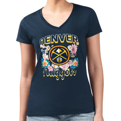 NBA - Denver Nuggets G-III 4Her by Carl Banks Women's Super-Slim Fit Lightweight Flowers Team Logo Graphic V-Neck T-Shirt - Navy
