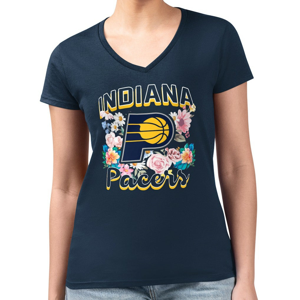 NBA - Indiana Pacers G-III 4Her by Carl Banks Women's Super-Slim Fit Lightweight Flowers Team Logo Graphic V-Neck T-Shirt - Navy