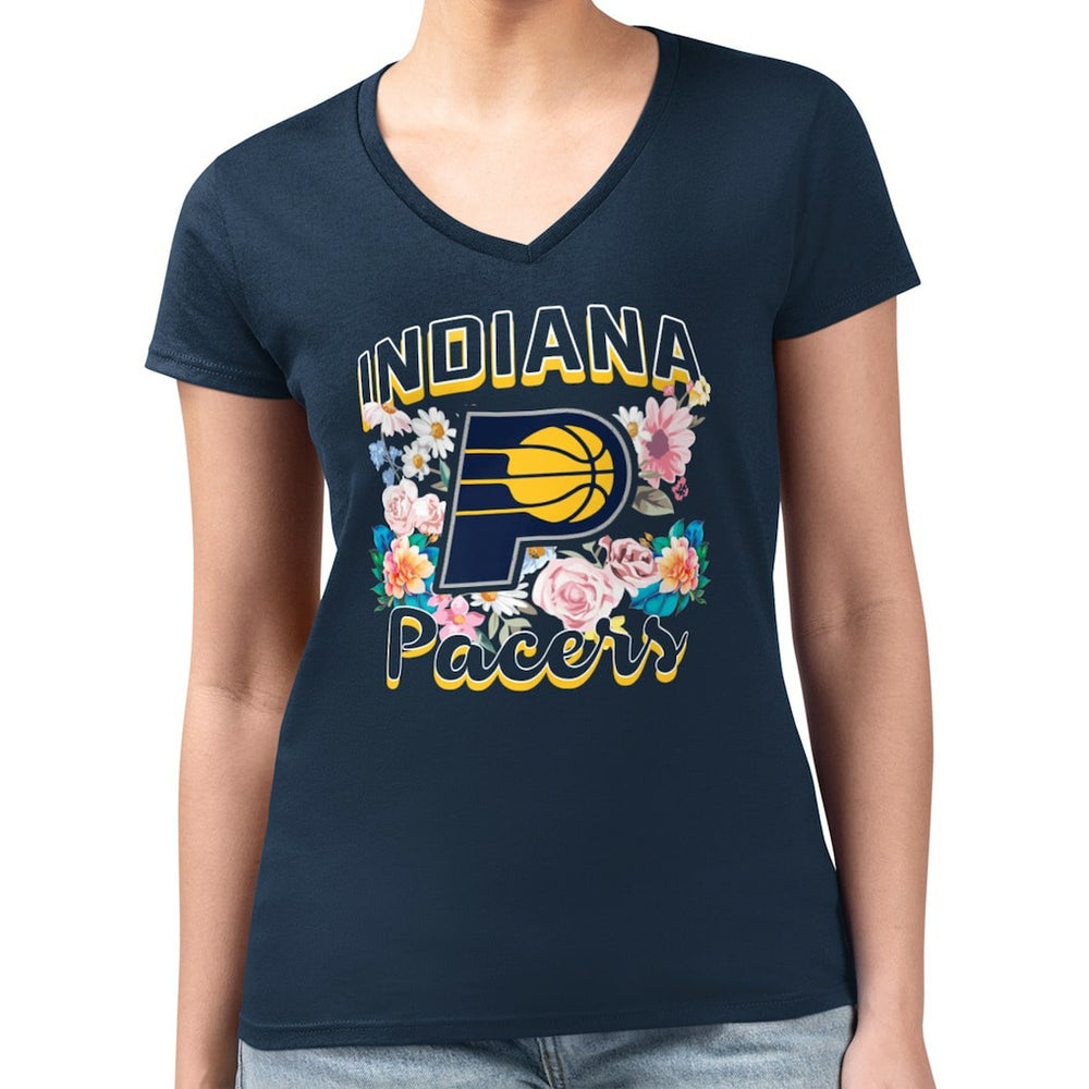 NBA - Indiana Pacers G-III 4Her by Carl Banks Women's Super-Slim Fit Lightweight Flowers Team Logo Graphic V-Neck T-Shirt - Navy