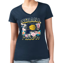 NBA - Indiana Pacers G-III 4Her by Carl Banks Women's Super-Slim Fit Lightweight Flowers Team Logo Graphic V-Neck T-Shirt - Navy