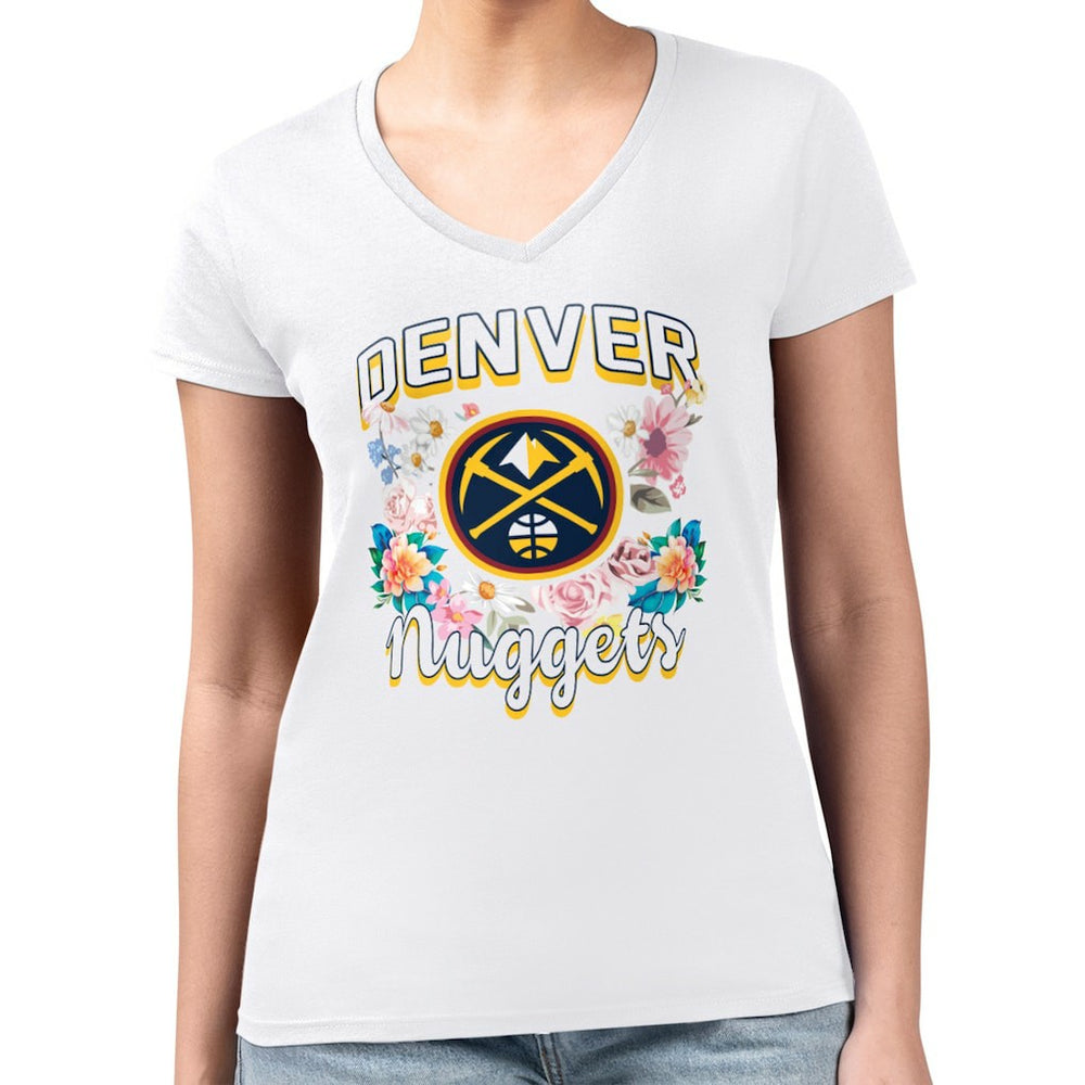 NBA - Denver Nuggets G-III 4Her by Carl Banks Women's Super-Slim Fit Lightweight Flowers Team Logo Graphic V-Neck T-Shirt - White
