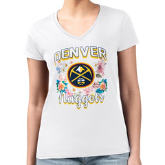 NBA - Denver Nuggets G-III 4Her by Carl Banks Women's Super-Slim Fit Lightweight Flowers Team Logo Graphic V-Neck T-Shirt - White