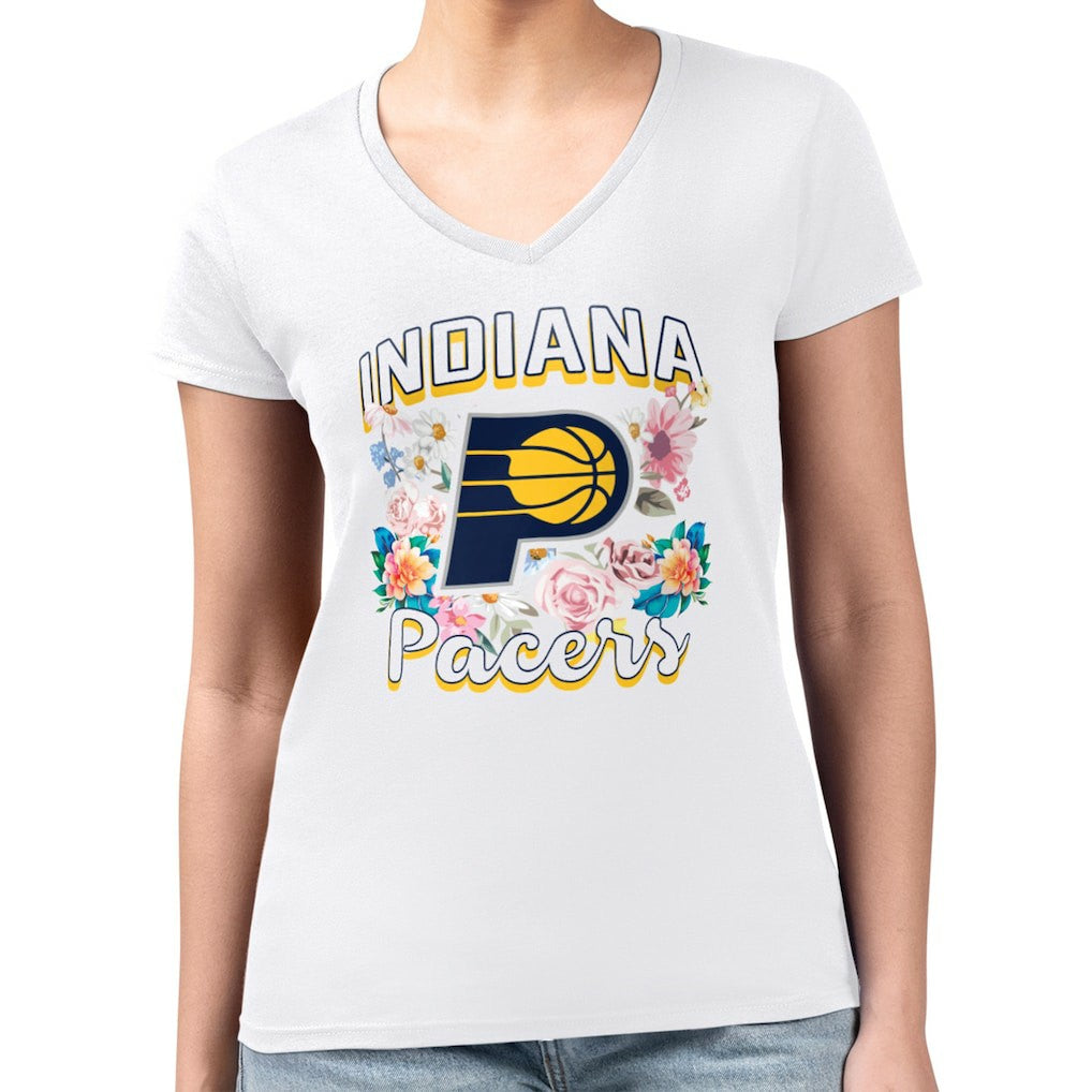 NBA - Indiana Pacers G-III 4Her by Carl Banks Women's Super-Slim Fit Lightweight Flowers Team Logo Graphic V-Neck T-Shirt - White