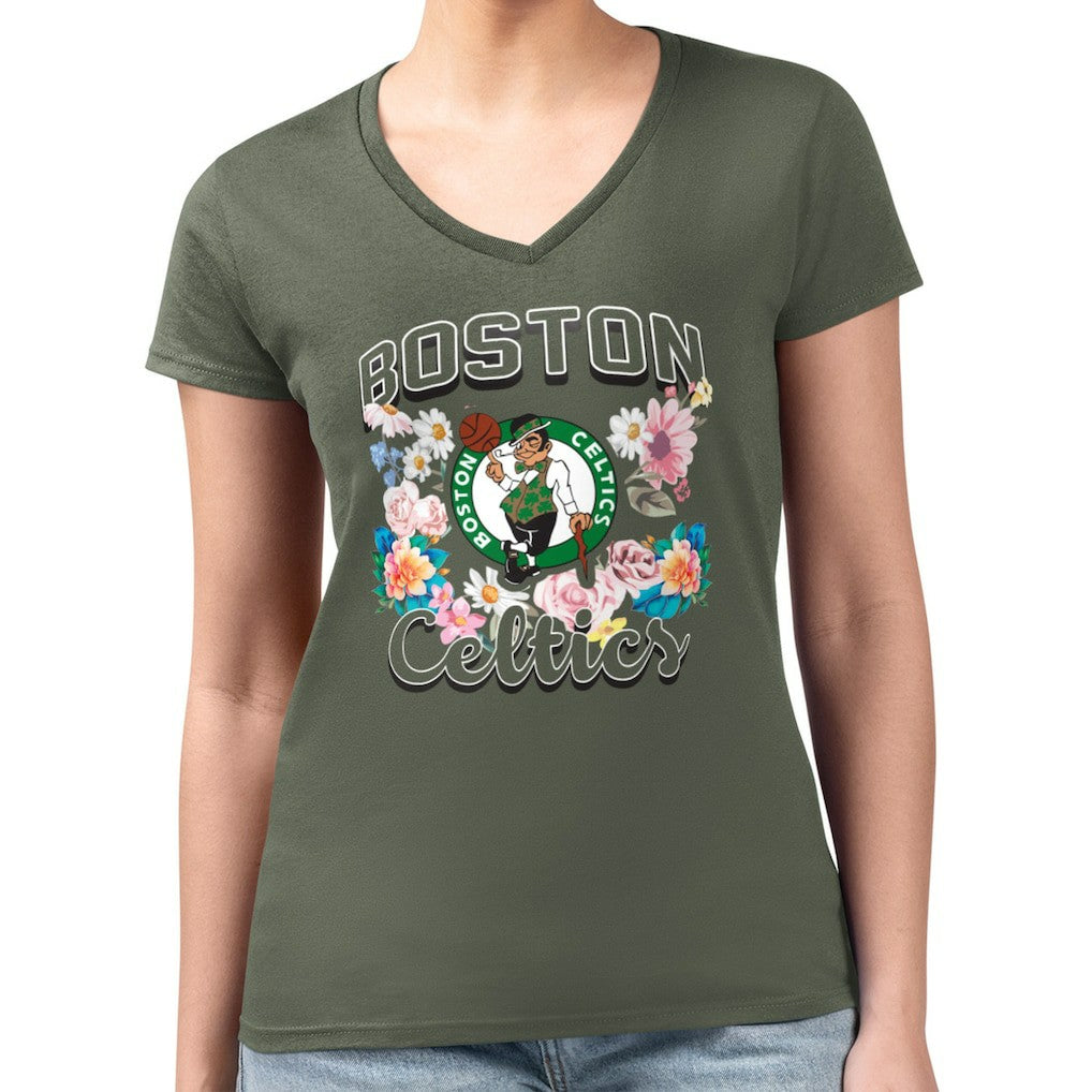 NBA - Boston Celtics G-III 4Her by Carl Banks Women's Super-Slim Fit Lightweight Flowers Team Logo Graphic V-Neck T-Shirt - Olive