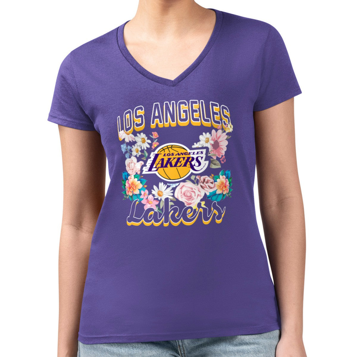 NBA - Los Angeles Lakers G-III 4Her by Carl Banks Women's Super-Slim Fit Lightweight Flowers Team Logo Graphic V-Neck T-Shirt - Purple