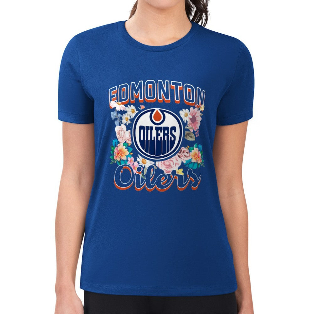 Edmonton Oilers - G-III 4Her by Carl Banks Women's Super-Slim Fit Lightweight Flower Logo T-Shirt Royal