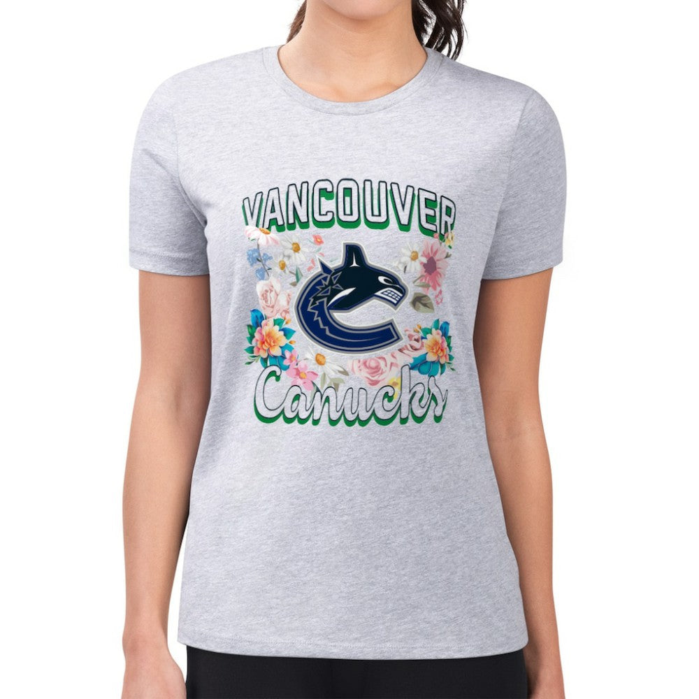 Vancouver Canucks - G-III 4Her by Carl Banks Women's Super-Slim Fit Lightweight Flower Logo T-Shirt Heather Gray