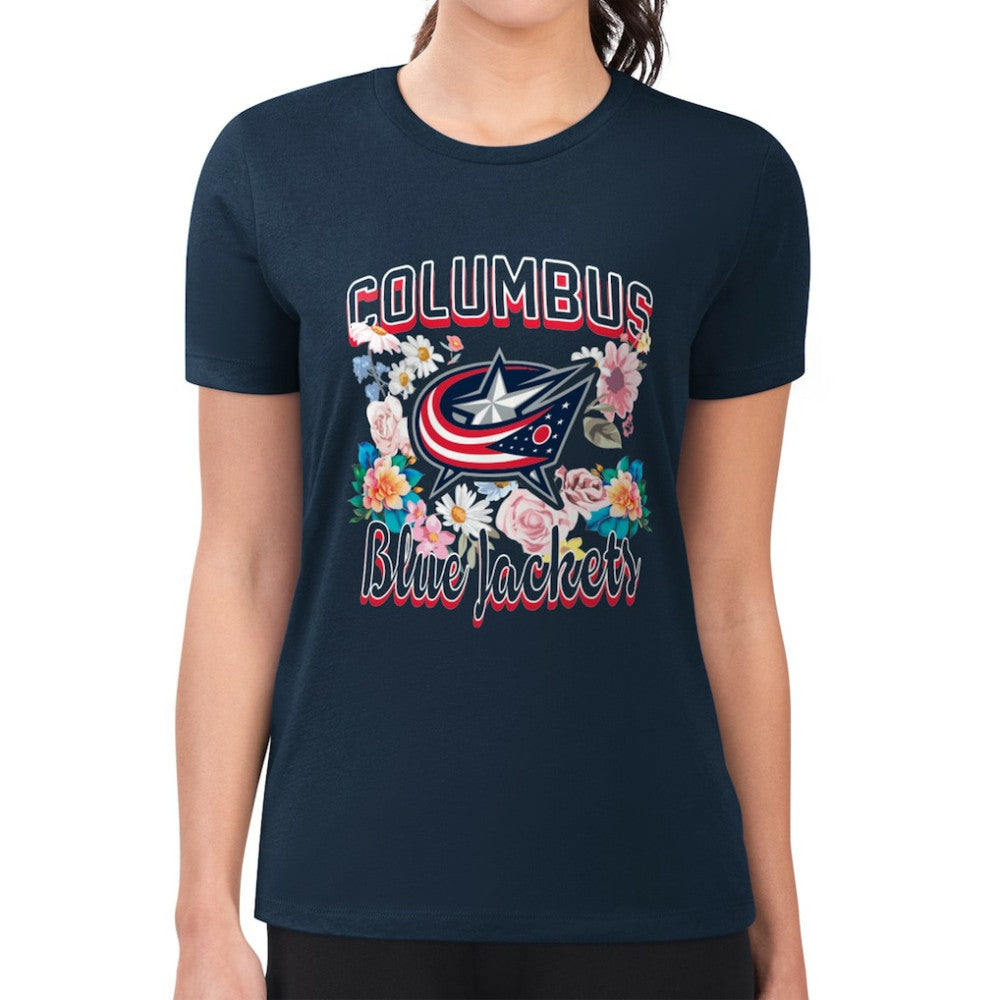 Columbus Blue Jackets - G-III 4Her by Carl Banks Women's Super-Slim Fit Lightweight Flower Logo T-Shirt Navy