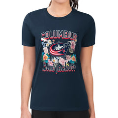 Columbus Blue Jackets - G-III 4Her by Carl Banks Women's Super-Slim Fit Lightweight Flower Logo T-Shirt Navy