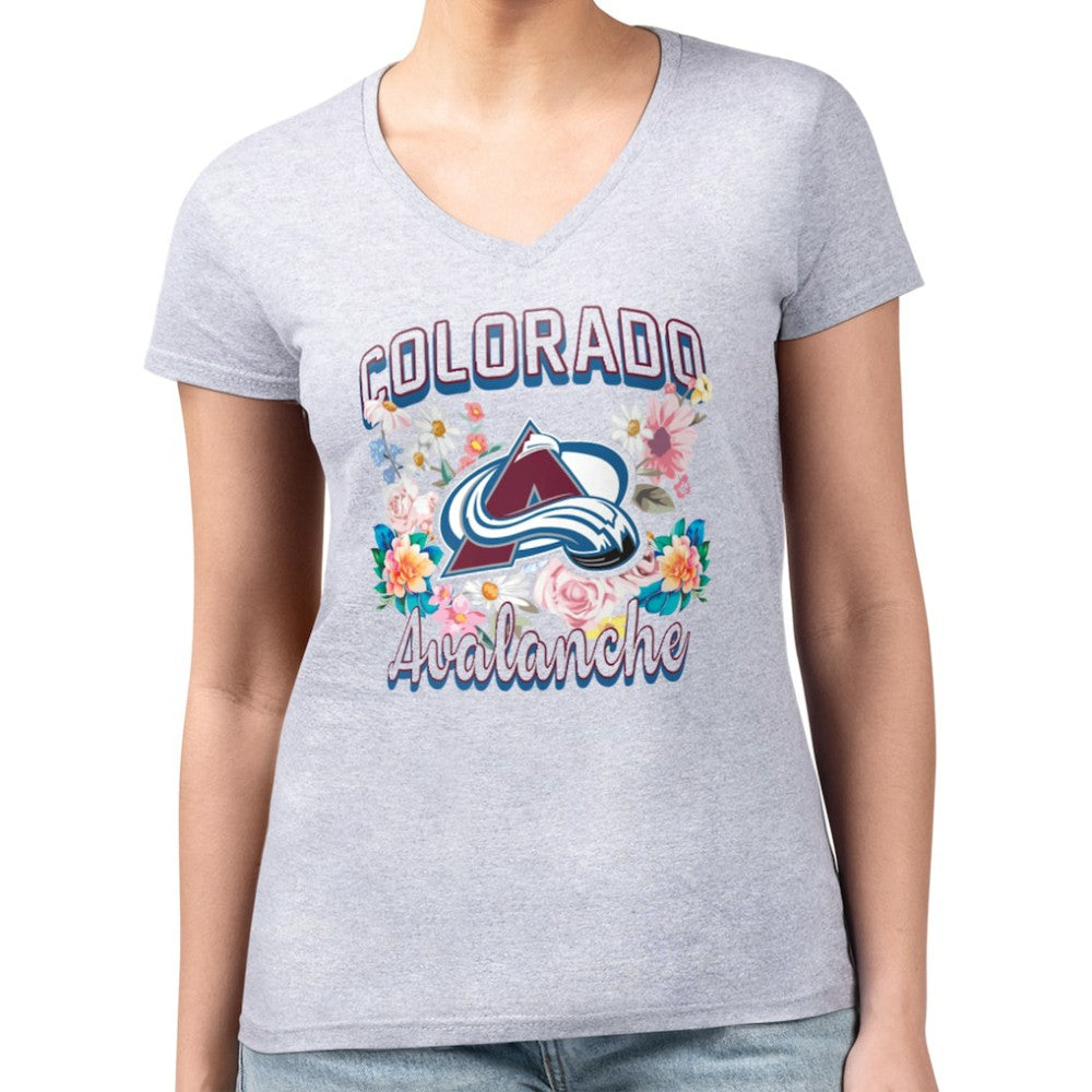 Colorado Avalanche - G-III 4Her by Carl Banks Women's Super-Slim Fit Lightweight Flower Logo V-Neck T-Shirt Heather Gray