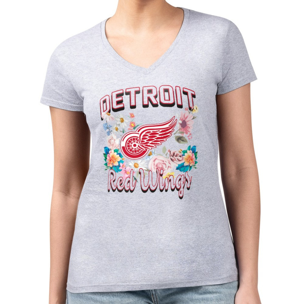Detroit Red Wings - G-III 4Her by Carl Banks Women's Super-Slim Fit Lightweight Flower Logo V-Neck T-Shirt Heather Gray
