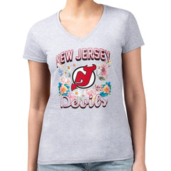 New Jersey Devils - G-III 4Her by Carl Banks Women's Super-Slim Fit Lightweight Flower Logo V-Neck T-Shirt Heather Gray