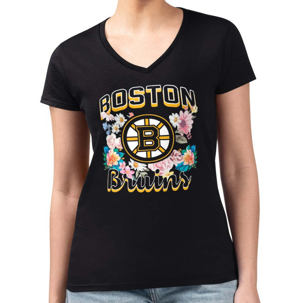 Boston Bruins G-III 4Her by Carl Banks Women's Super-Slim Fit Lightweight Flower Logo V-Neck T-Shirt Black
