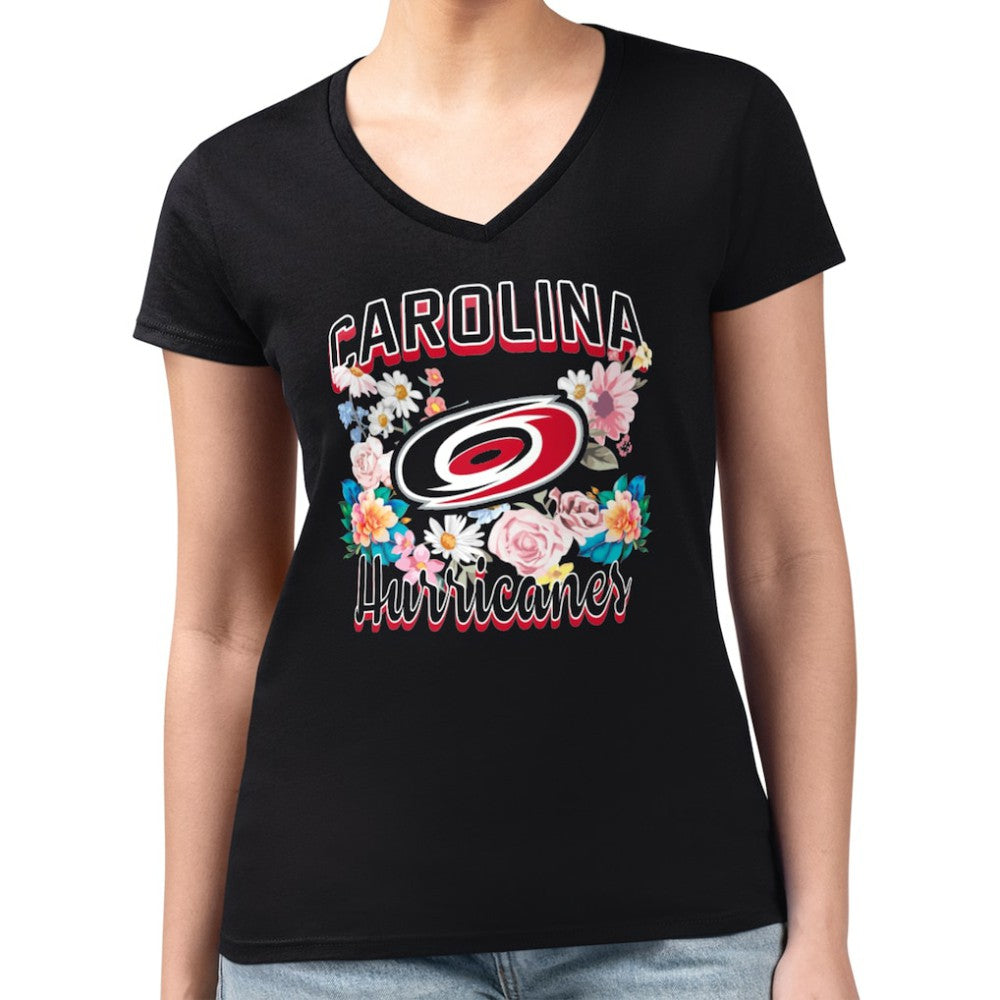 Carolina Hurricanes - G-III 4Her by Carl Banks Women's Super-Slim Fit Lightweight Flower Logo V-Neck T-Shirt Black