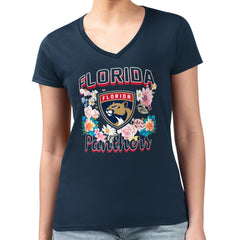 Florida Panthers - G-III 4Her by Carl Banks Women's Super-Slim Fit Lightweight Flower Logo V-Neck T-Shirt Navy