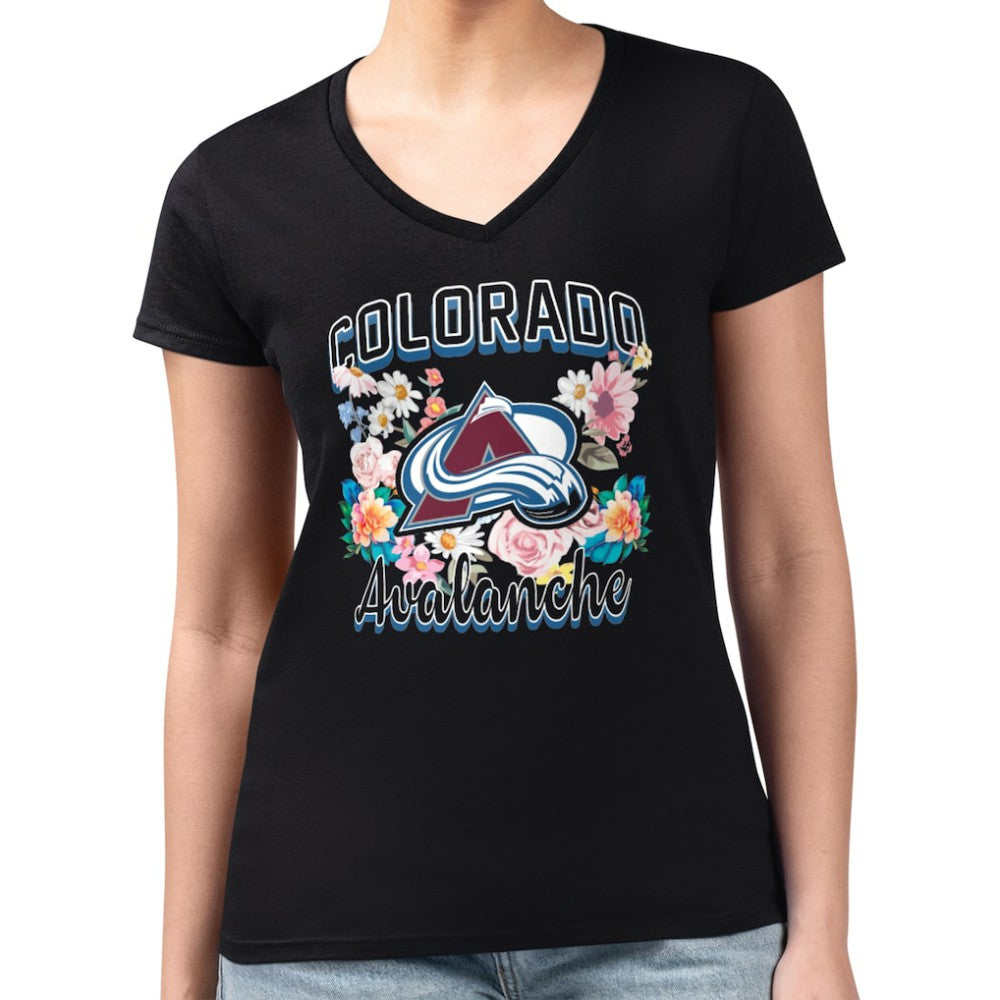 Colorado Avalanche - G-III 4Her by Carl Banks Women's Super-Slim Fit Lightweight Flower Logo V-Neck T-Shirt Black