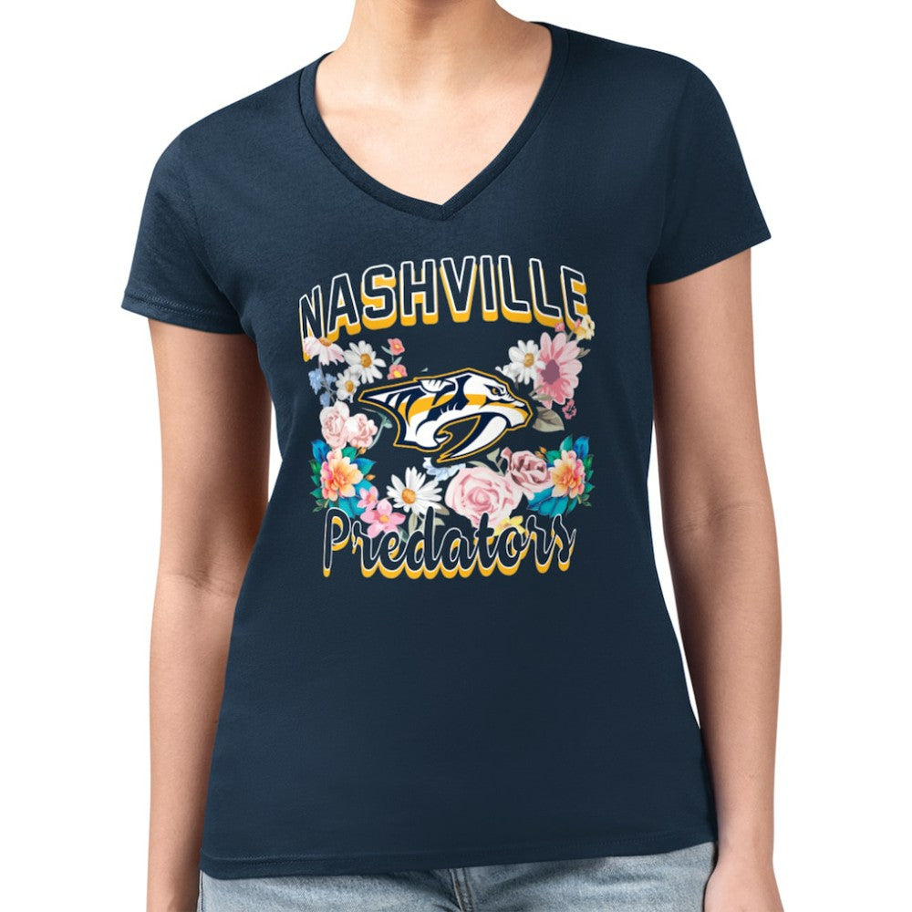 Nashville Predators - G-III 4Her by Carl Banks Women's Super-Slim Fit Lightweight Flower Logo V-Neck T-Shirt Navy