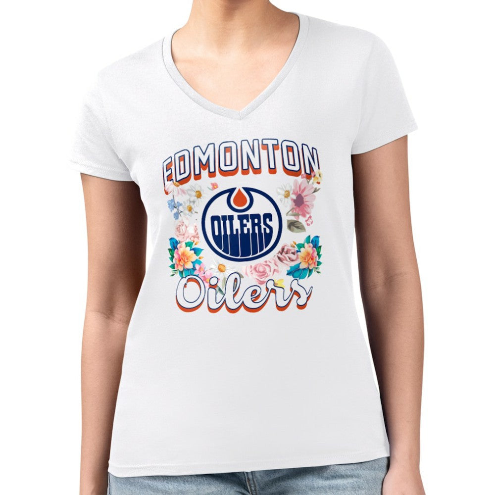 Edmonton Oilers - G-III 4Her by Carl Banks Women's Super-Slim Fit Lightweight Flower Logo V-Neck T-Shirt White
