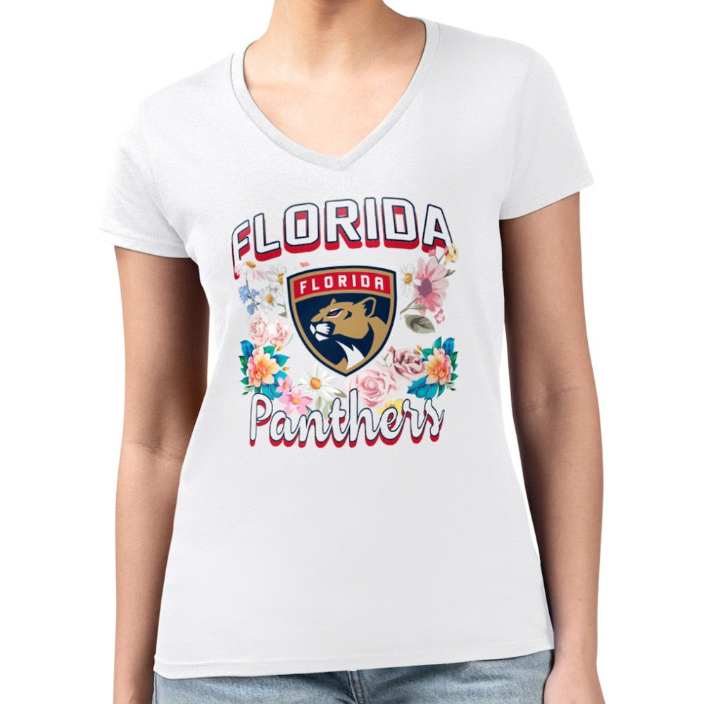 Florida Panthers - G-III 4Her by Carl Banks Women's Super-Slim Fit Lightweight Flower Logo V-Neck T-Shirt White