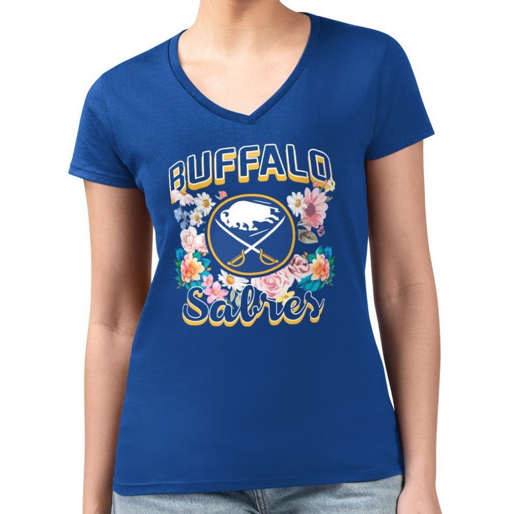 Buffalo Sabres - G-III 4Her by Carl Banks Women's Super-Slim Fit Lightweight Flower Logo V-Neck T-Shirt Royal