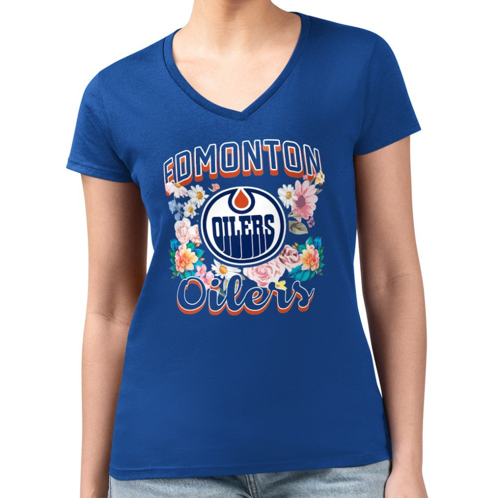 Edmonton Oilers - G-III 4Her by Carl Banks Women's Super-Slim Fit Lightweight Flower Logo V-Neck T-Shirt Royal