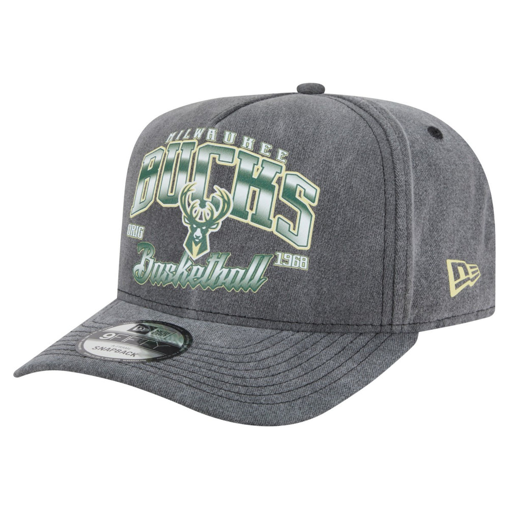 New Era - Milwaukee Bucks Throwback Washed Pre-Curved 9FIFTY Snapback Hat - Charcoal