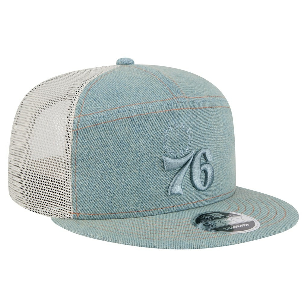 New Era - Philadelphia 76ers Adventure Denim Split Panel 9FIFTY Snapback Trucker Hat