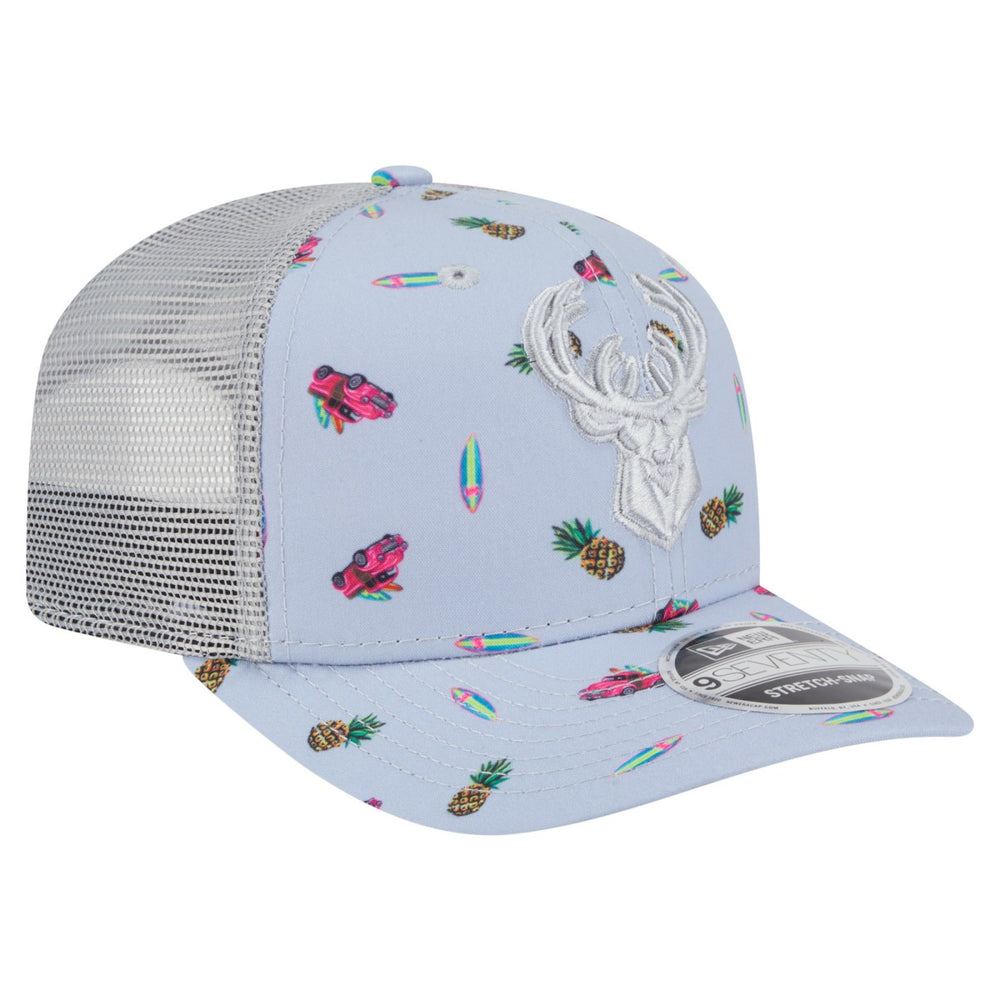 New Era - Milwaukee Bucks Adventure Aloha Pattern 9SEVENTY Stretch-Snap Hat - Light Blue/Gray
